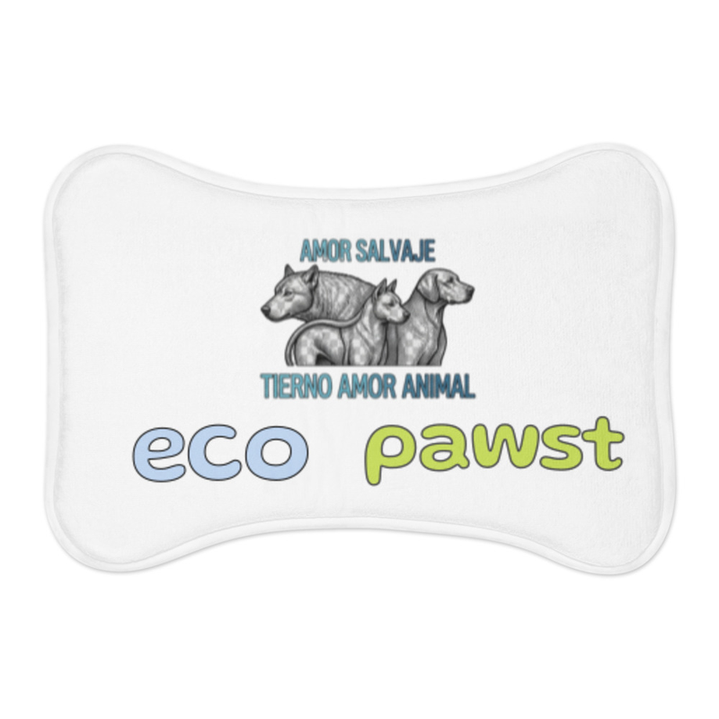 EcoPawst Pet Mat in the bone shape: a white, bone-shaped feeding mat printed with three dogs, the words Amor Salvaje, Tierno Amor Animal, and the eco pawst logo